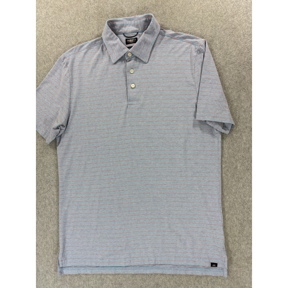 Faherty Movement Polo Shirt Mens Medium Blue Striped Short Sleeve Cotton Blend